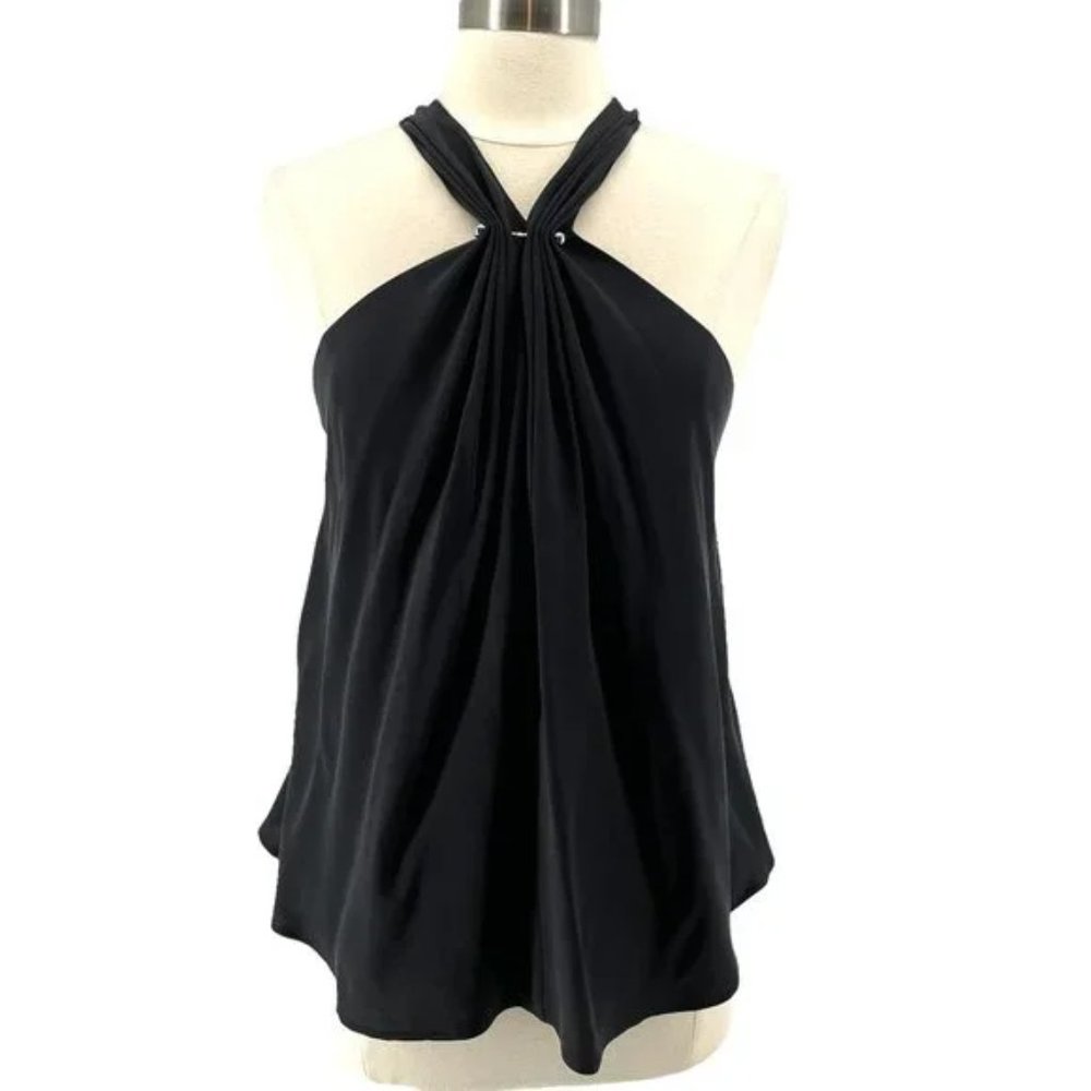 Ramy Brook Black Silver Barbell Halter Racerback Silk Sleeveless Top Blouse L